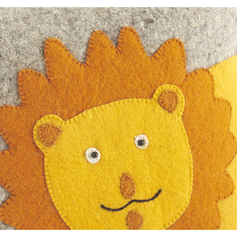 Coussin fait à la main en laine feutrée à la main - lion jaune sur fond gris - 18 po