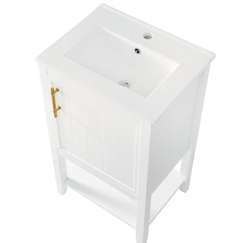 Meuble-lavabo blanc avec profondeur de 20 po, lavabo en céramique, armoire, étagère de rangement et tablette ouverte - finition peinte, porte à fermeture douce de style moderne, poignée de bar, grand bois massif