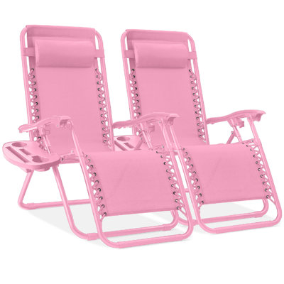  Set Of 2 Zero Gravity Lounge Chair Recliners For Patio, Pool W/ Cup Holder Tray - Carnation