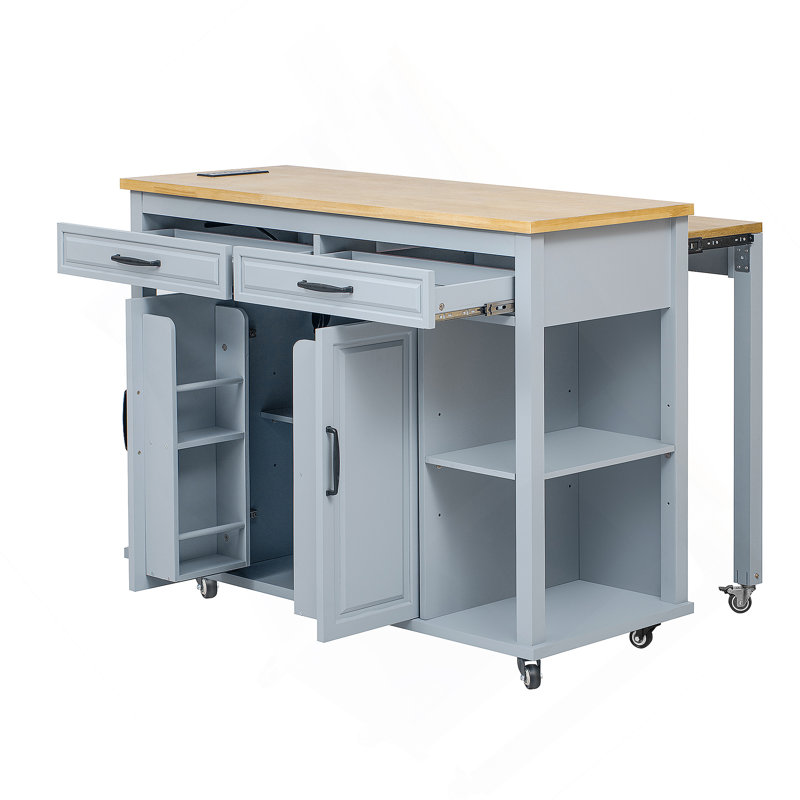 47 Inch Kitchen Island With Extendable Dining Table, Rubber Wood Veneer Kitchen Table With Internal Storage Rack, Power Outlet, Kitchen Island With Storage 2 Drawers 2 Cabinet,Grey Blue