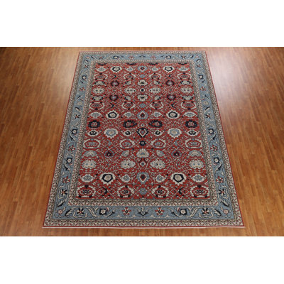 Tapis rouge / ivoire / bleu clair / bleu marine en laine noué à la main de conception unique 9 pi 10 po x 12 pi 9 po Sultanabad Ziegler