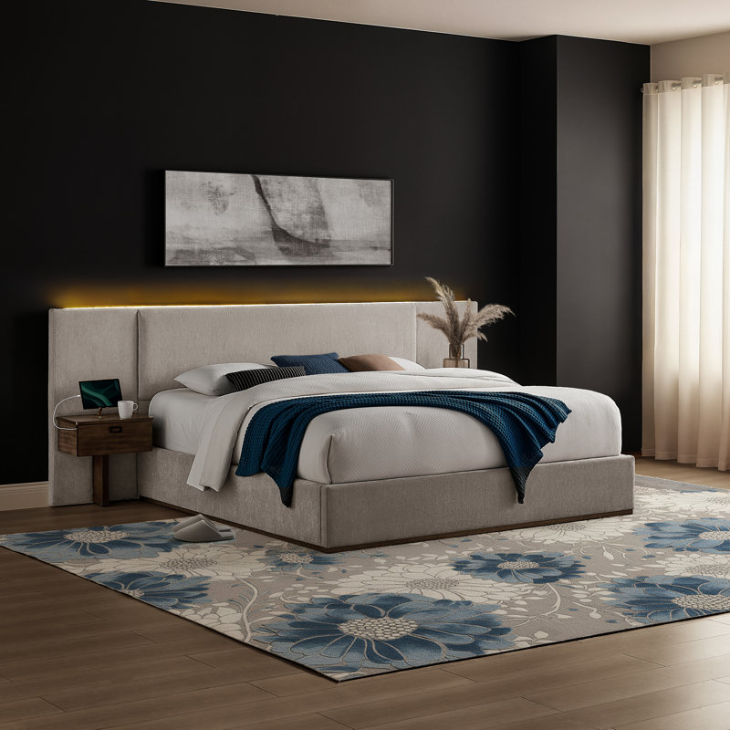 Tête de lit tapissier à DEL très grand Dahlia et tables d'appoint USB en A + C en chenille, gris clair, Gris clair, King