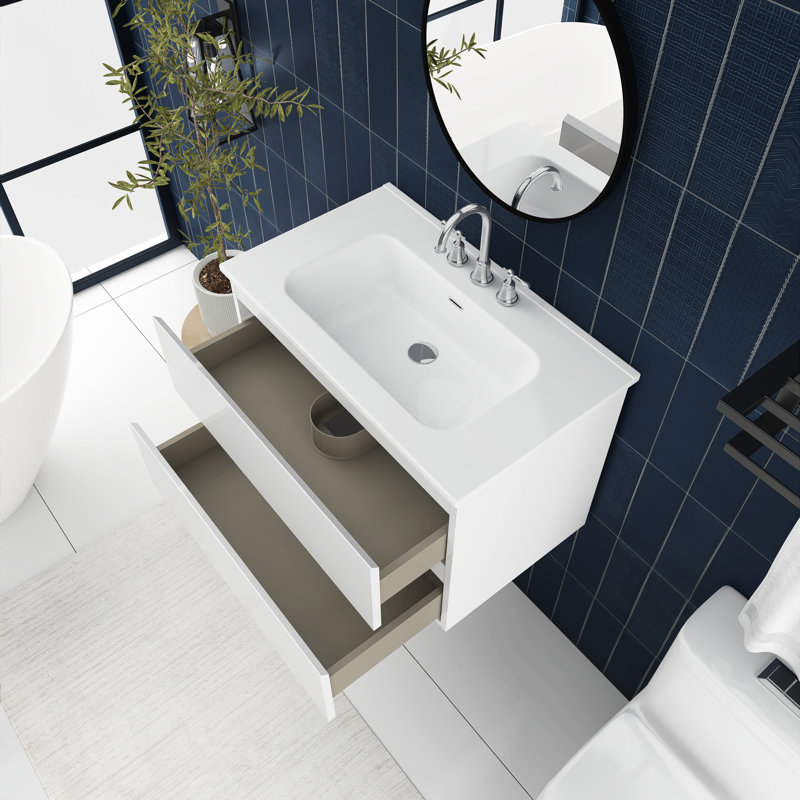 30 po Meuble-lavabo mural avec lavabo en céramique intégré, Blanc