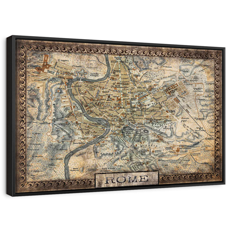 Carte rétro de la ville de Rome, Cadre flottant noir, 31 po x 21 po