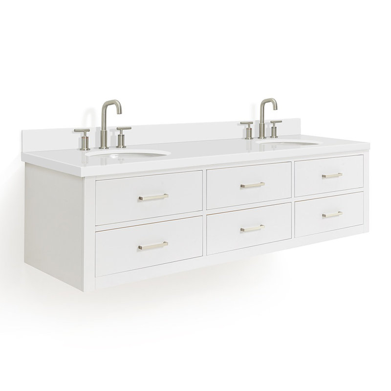 73'' W Double Vanity, Pure White Quartz, Gray, Brushed Nickel