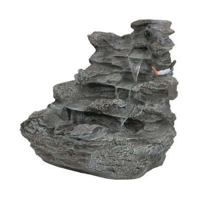 4-Tiered Concrete Rock Waterfall Fountain, 20.8"H – Outdoor Garden Decor with LED Lights, Weather-Resistant, Soothing Water Sound Ambiance