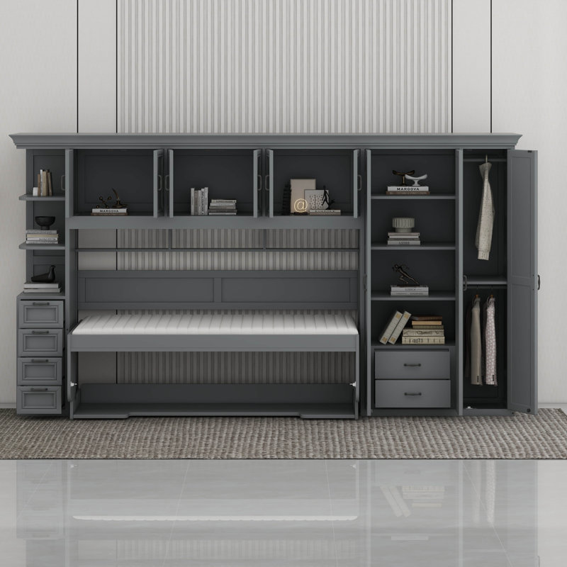 Lit escamotable simple avec armoire murale, armoire et bureau, gris