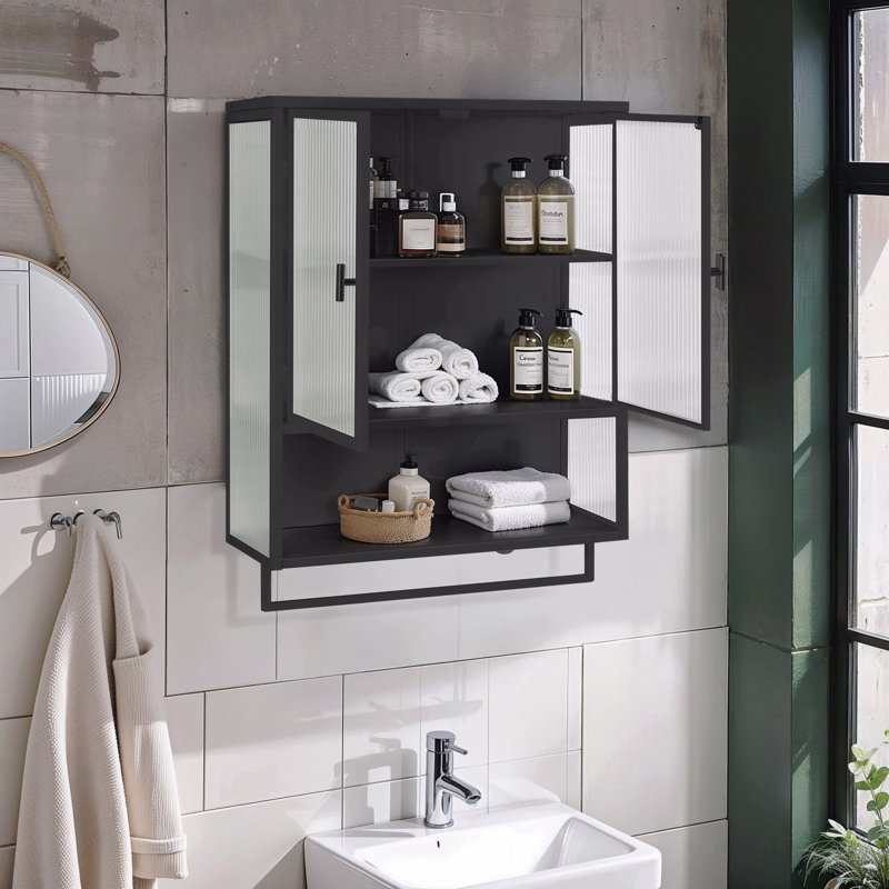 Armoire murale avec porte en verre 62 po - 23 po, deux portes, deux niveaux de rangement fermé, tablette ouverte, porte-serviettes