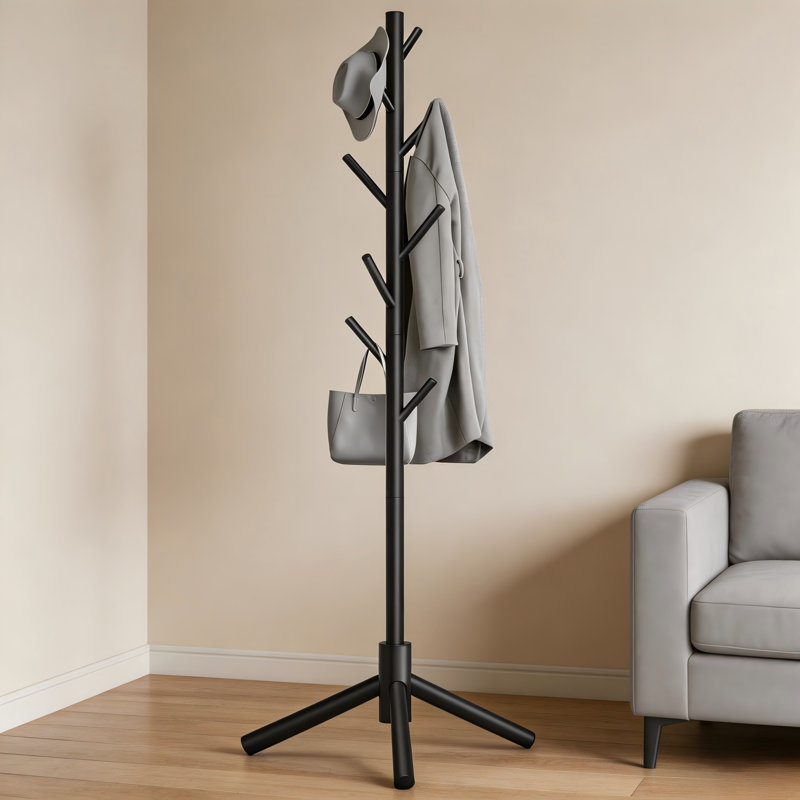 Black Solid Wood Vertical Coat Rack, Stable Triangular Base, Adjustable Multiple Hooks, Easy Assembly, Versatile Storage For Multiple Scenarios.