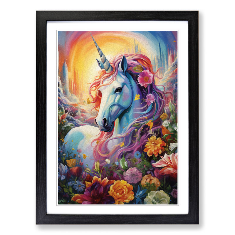 Unicorn Colour Field - Single Picture Frame Print on Wood, Black Framed, 46cm H x 34cm W