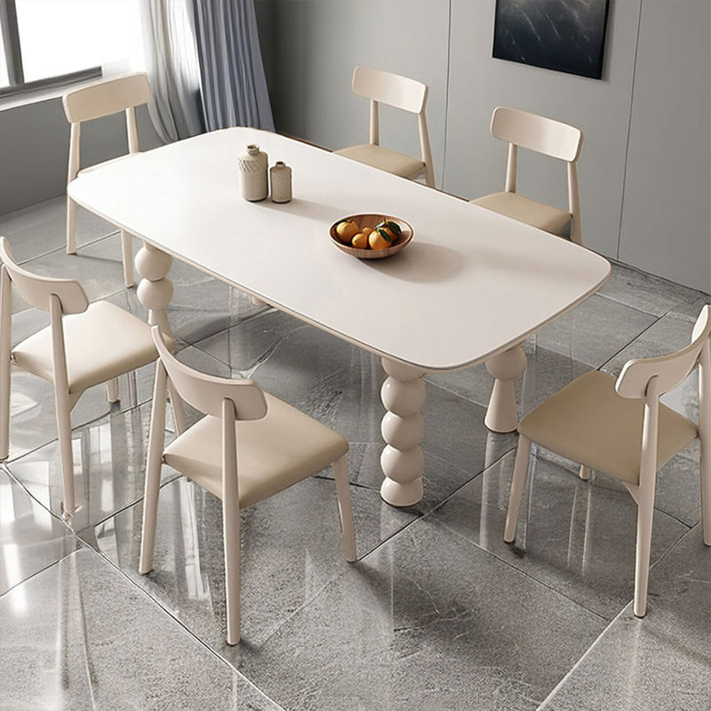 6 - Person White  Rectangular Solid Wood Sintered Stone Tabletop Dining Table Set, 7 Pieces: Table, 6 Chairs