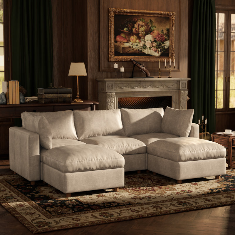 99" Leather Upholstered Sectional Sofa with Hidden Storage, BEIGE, 3Seaters-U