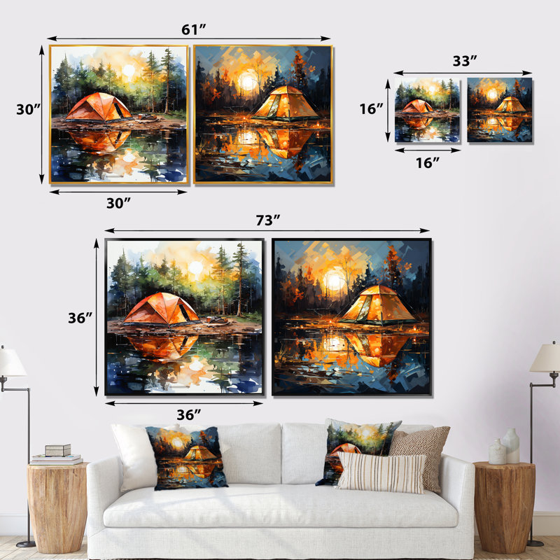 Ensemble de 2 impressions sur toile de camping Forest Retreat I - campagne, Cadre flottant noir, H 16 po x l 33 po x P 1 po