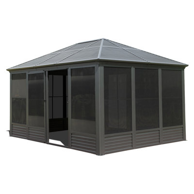 Véranda 11,2 x 14,6 pi, pavillon de jardin solarium en aluminium quatre saisons avec toit en acier galvanisé, murs de moustiquaire en PVC mobile, portes coulissantes, pavillon de jardin pour la terrasse du patio, gris
