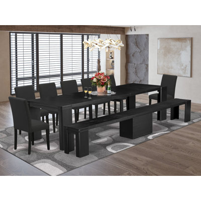 Ensemble de table de salle à manger 9 pièces comprenant une table de salle à manger rectangulaire, un banc en bois et 7 chaises en tissu de lin noir, noir brossé