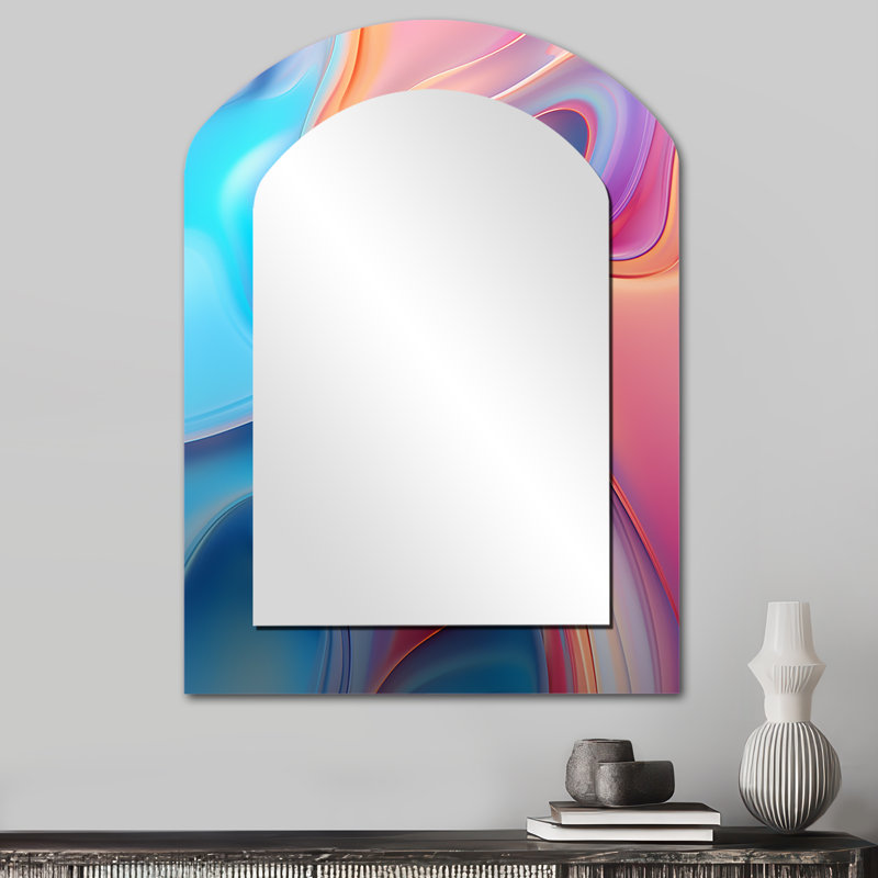 Transitionnel rose et bleu formes I - miroir asymétrique de formes transitionnelles, miroir mural unique arche rose, impression d'art en métal