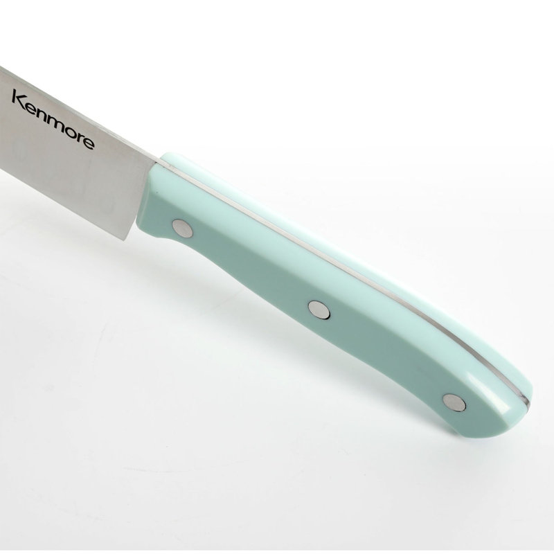 Kenmore Kane 14-Piece Glacier Blue Stainless Steel Cutlery Set with Rubber Wood Block