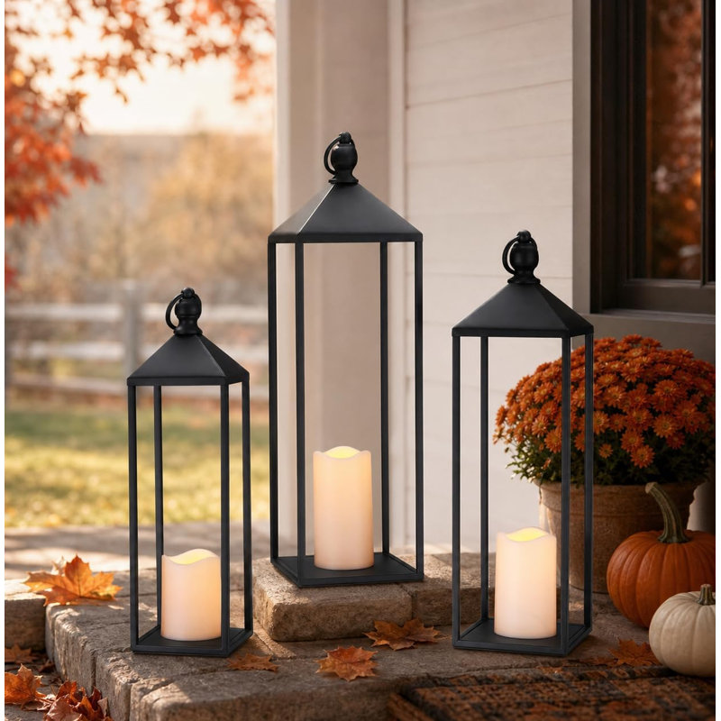 Decorative Lanterns for Indoor & Outdoor, Set of 3 Black Metal Lanterns (22" & 19" & 17") with LED Timer Flameless Candles, Farmhouse Modern Decor for Front Porch, Patio, Garden, Mantle