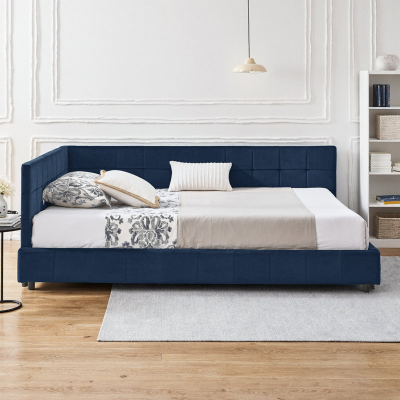 Canapé-lit rembourré en velours bleu foncé Mid-Century avec dossier et accoudoirs, lit de jour pour chambre à coucher et salon