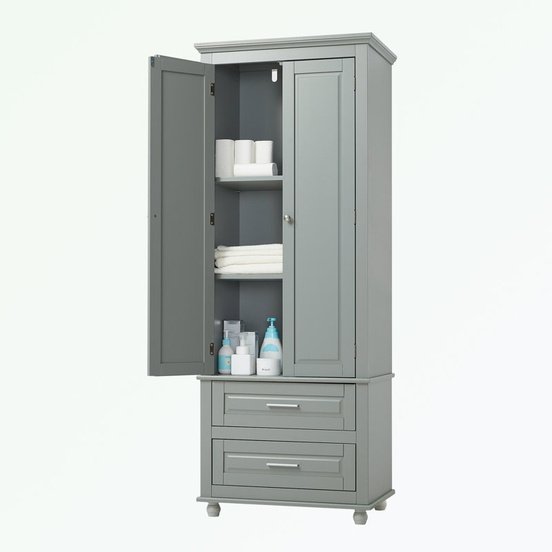 Afshah Freestanding Linen Cabinet Tall Storage Cabinet with Two Drawers, Gray