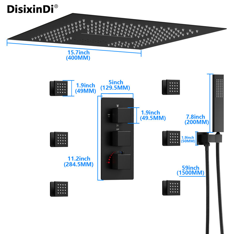16 Inch Ceiling Rain Black Shower Head with Handheld Spray Thermostatic Rainfall Shower System Set