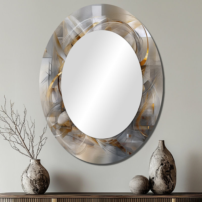 Grey Gold Captivating Liquid Ink - Grey Modern Oval Wall Mirror, 40" x 30"