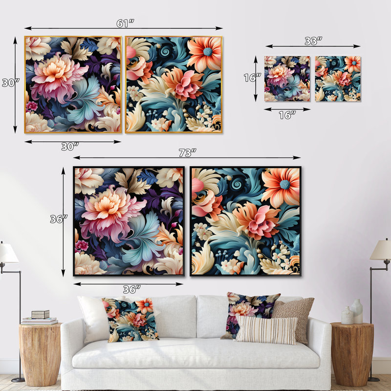 Motif botanique à motif cachemire bleu et rose, Cadre flottant noir, H 30 po x l 61 po