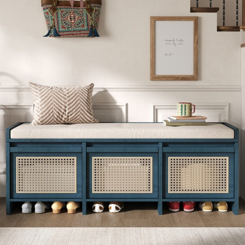 Banc de rangement pour chaussures rembourré de 48 pouces avec compartiment relevable et tiroirs en rotin, Antique Navy
