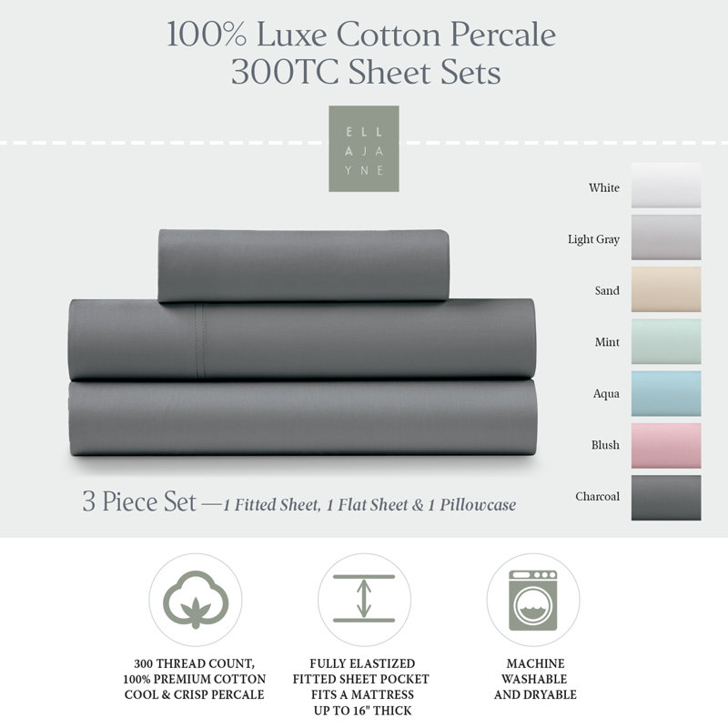  100% Cotton Percale Crisp and Cool Sheet Set (3 PC.), Twin, Charcoal
