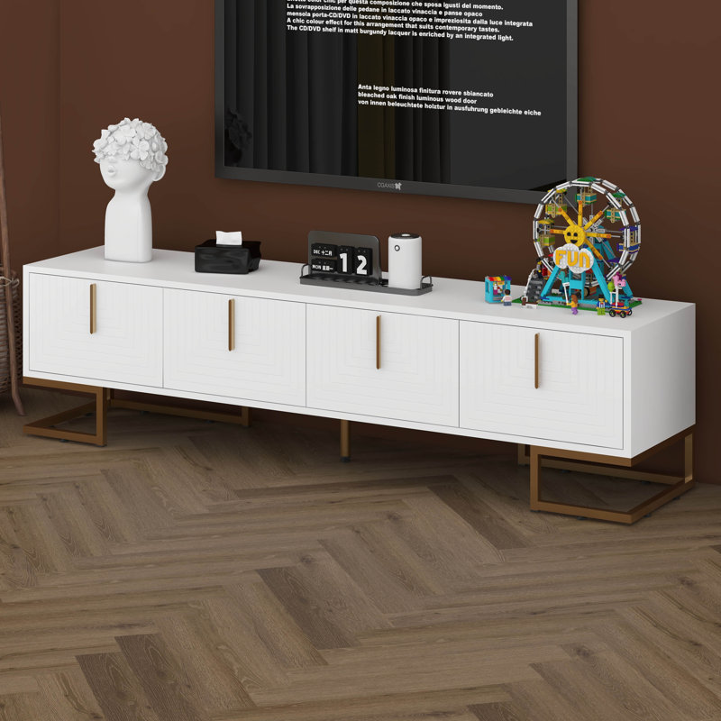Modern TV Stand With Metal Legs, Gold Handles, Geometric Lines And Adjustable Shelves For Tvs Up To 80'', Media Console Table