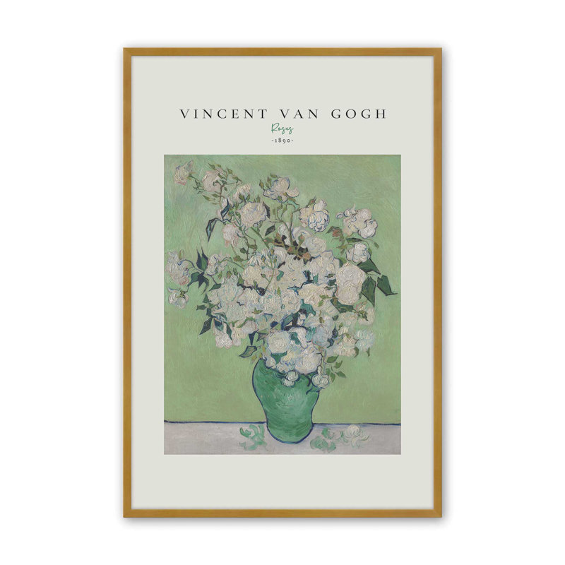 Van Gogh's Roses 1890 v2, H 21,25 po x l 17,25 po, Reproduction encadrée sans passe-partout, Or poli