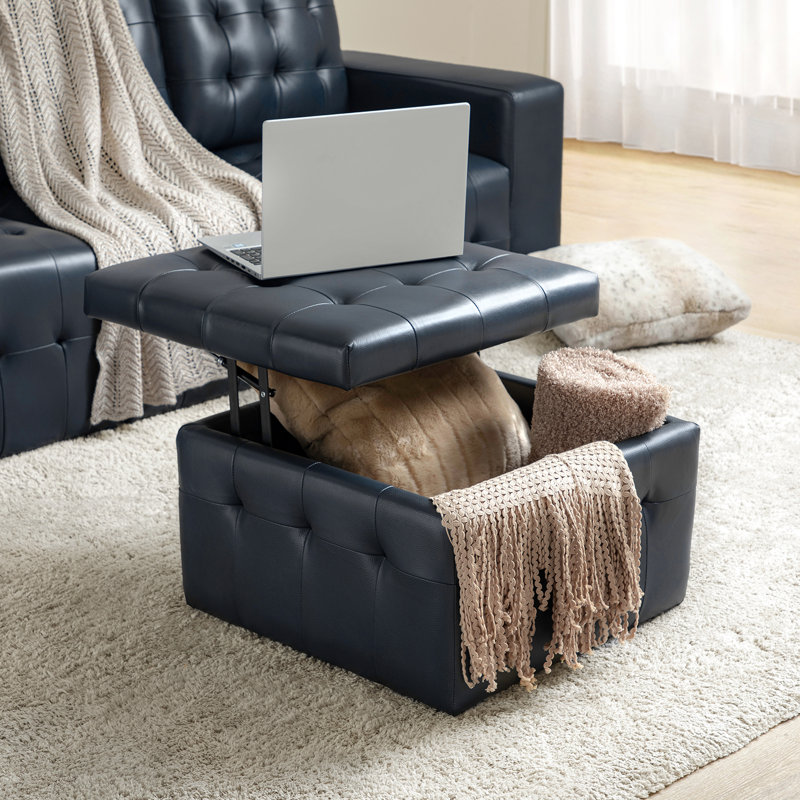 Brezlynn 24" Wide Genuine Leather Tufted Standard Ottoman with Storage, Navy Genuine Leather