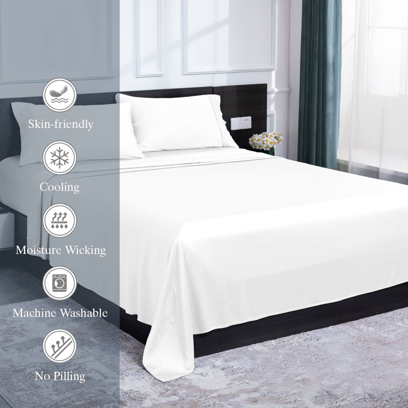 100% Rayon from Bamboo Sheet Set, 16" Deep Pocket Cooling Silky Soft Bed Sheets, Twin Sheet Set with 1 Pillowcase, White