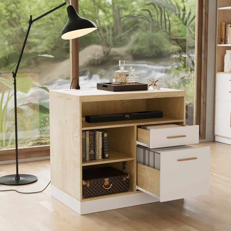 Classeur Adonia 80 cm (L) à 2 tiroirs en bois avec serrure, multiprise et étagères de rangement, idéal pour le bureau à domicile, fini noyer blanc