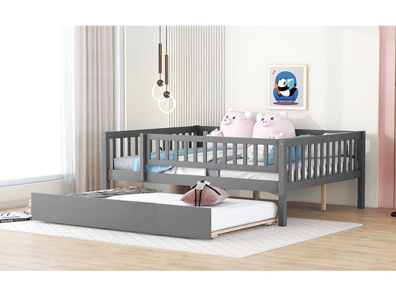 Wood Daybed With Trundle And Fence Guardrails, Gray, Full/Double
