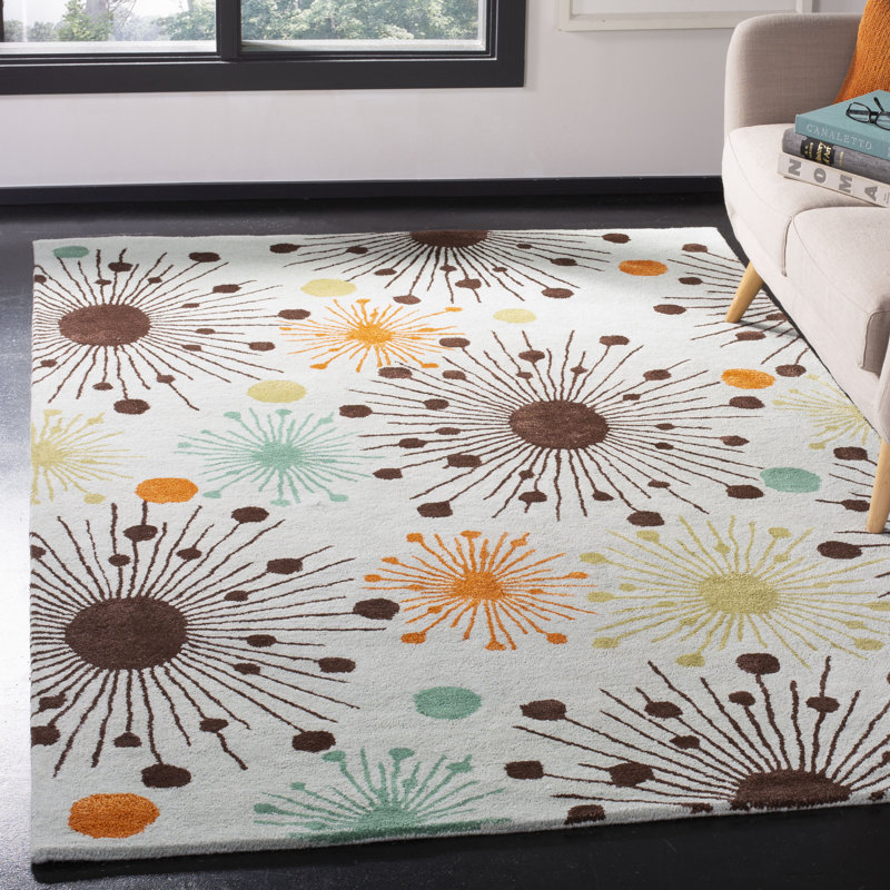 Tapis en laine touffeté à la main à motif floral bleu clair / multicolore Amier, Rectangle 7 pi 6 po x 9 pi 6 po