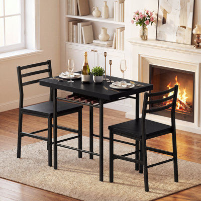 3 Piece Dining Table Set for 2, 31.5 Inch Compact Kitchen Table with 2 Chairs, Space Saving Dinette Set with Built-in Wine Rack, MDF Top with Metal Frame, for Small Spaces, Apartment, Breakfast Nook