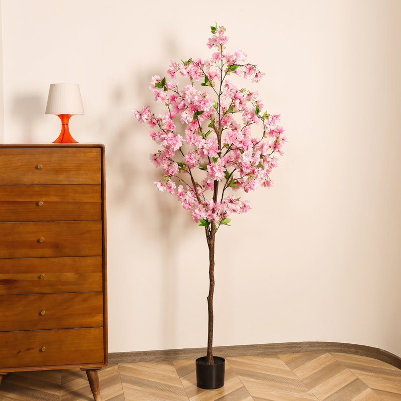 Cerisier rose artificiel Albee en pot noir, faux arbre de souhait pour la décoration intérieure, H 72 po x l 24 po x P 24 po