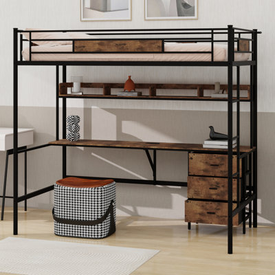 Modern Loft Bed With L-Shaped Desk, Drawers, Shelves And Safety Guardrail