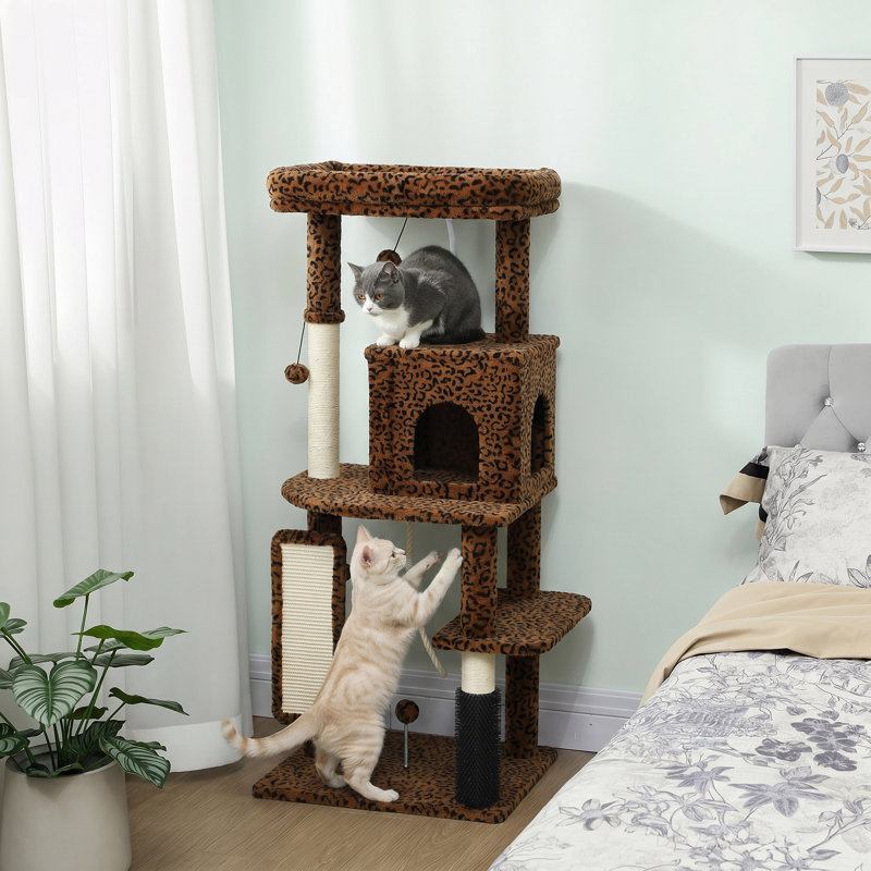 52 Inch Cat Tree with Scratching Posts, Cat Bed, Condo, Leopard Print