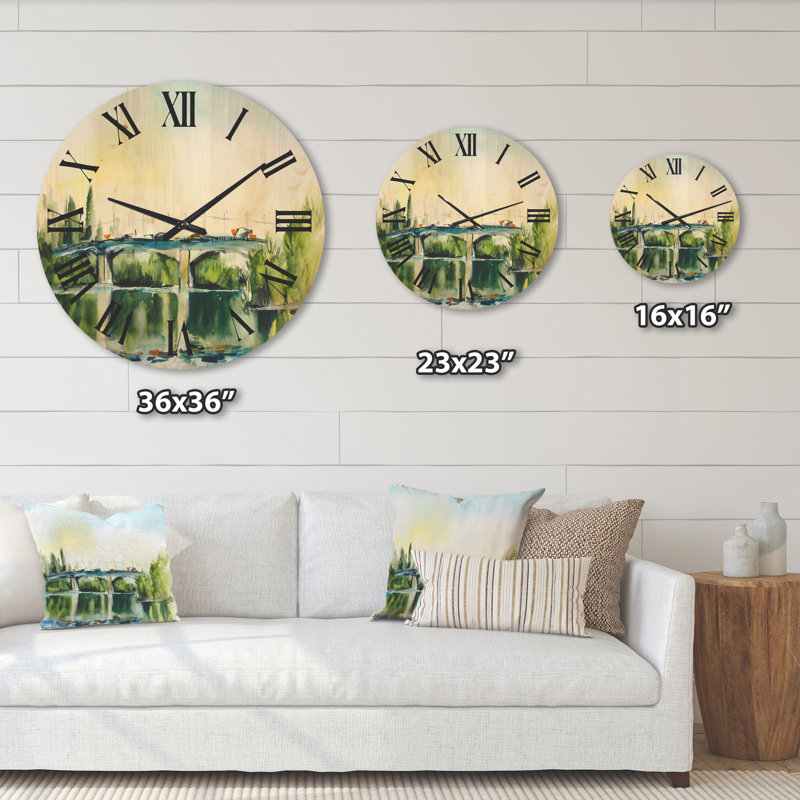 Horloge murale paysage avec vieux pont dans la campagne, Moyenne