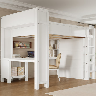 Wooden Queen Loft Bed with Wardrobe, Desk & Storage Headboard with USB Port, Space-Saving Loft Bed, 