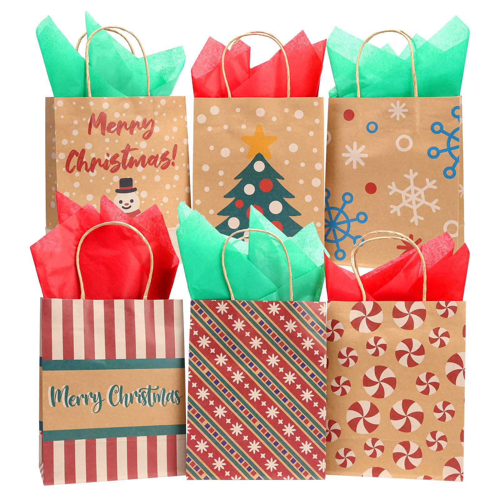 The Holiday Aisle® 24 Pack Assorted Christmas Kraft Gift Bags, Holiday