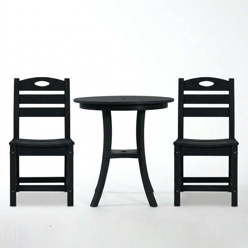 Ensemble bistro 3 pièces en PEHD noir avec table ronde et 2 chaises, noir