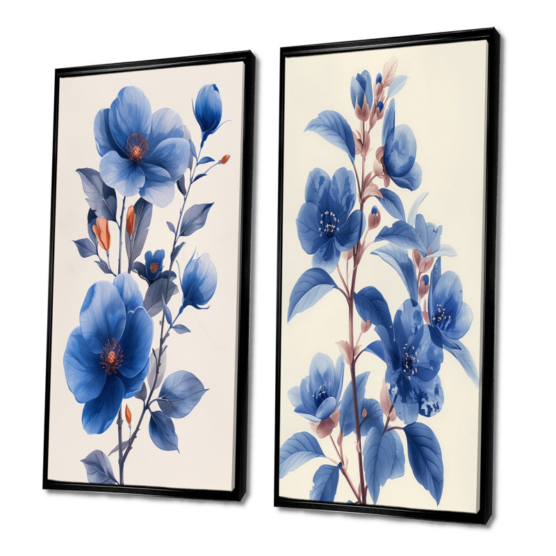 «Blue Cherry Blossom Beauty III» - ensemble d'art mural 2 pièces, Cadre flottant noir, H 28 po x l 24 po