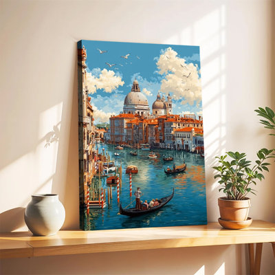 Illustration rétro de voyage en gondole sur le Grand Canal de Venise, grande toile tendue sur châssis pour salon ou chambre.