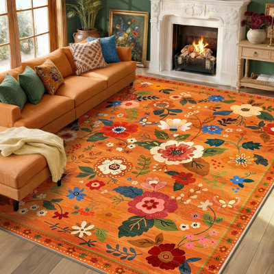 Motif floral 9 x 12 tapis lavable imprimé boho mignon tapis antidérapant fleur bas pour salon chambre cuisine bureau ferme - orange brûlé