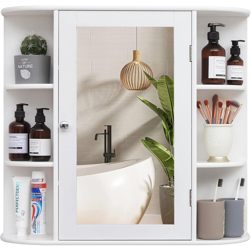 Bathroom Medicine Cabinet With Mirror, Wall Mounted Bathroom Cabinet With 2 Adjustable Shelves & 6 Open Shelves, Storage Organizer, White
