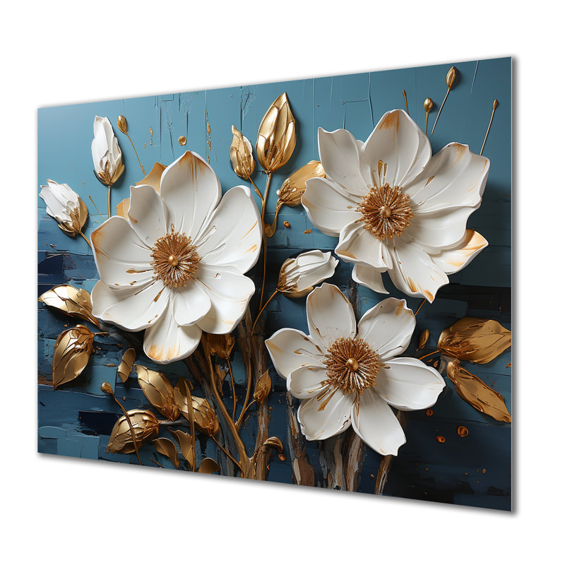 Fleurs blanches et bleues, coquelicots, arbre V - Art mural floral abstrait en métal, H 12 po x l 20 po x P 1 po