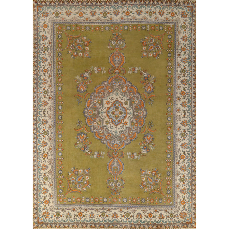 Tapis traditionnel vert en laine 10 x 13